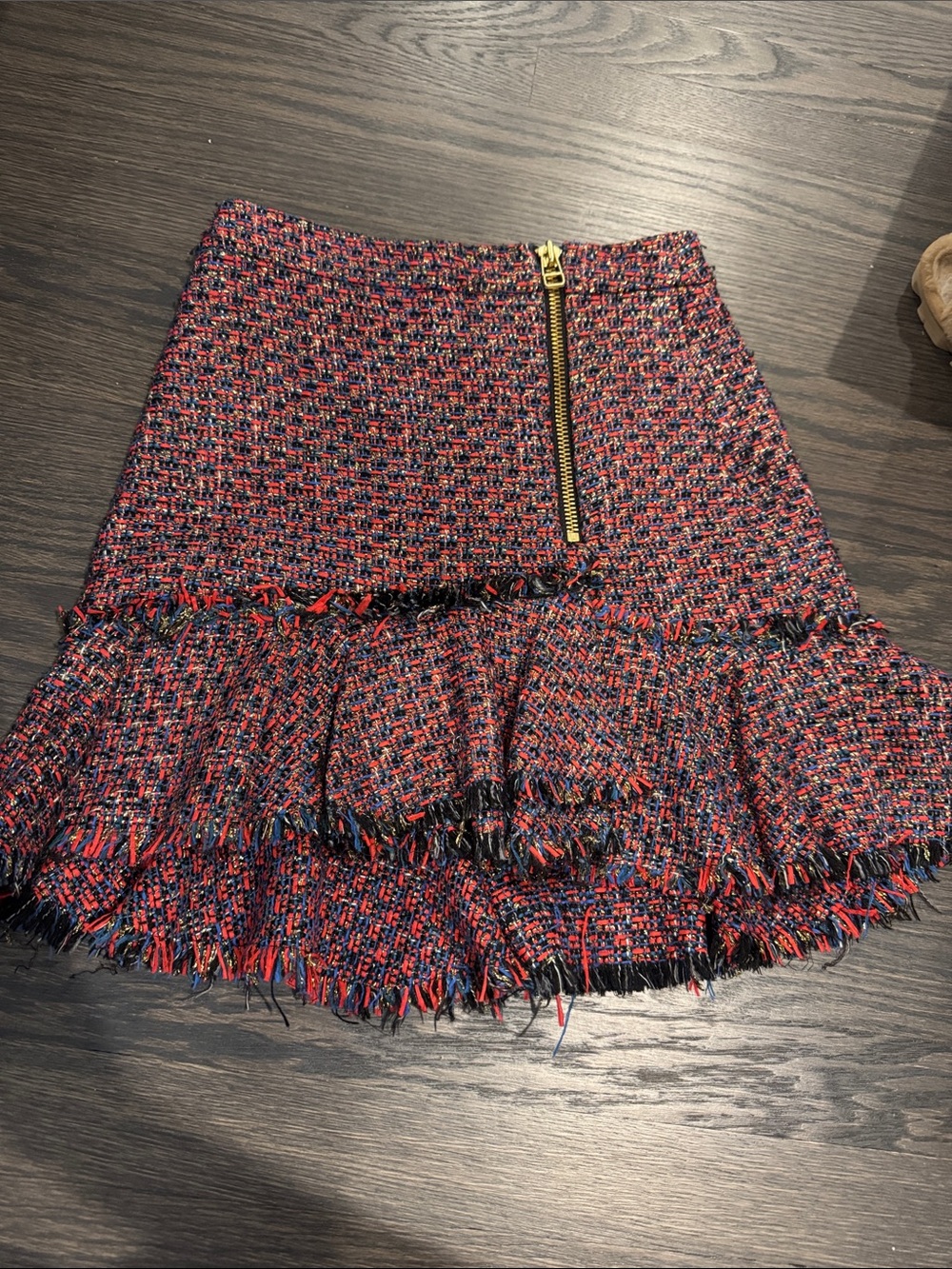 Veronica Beard Fringed Tweed Mini Skirt in Red Multi